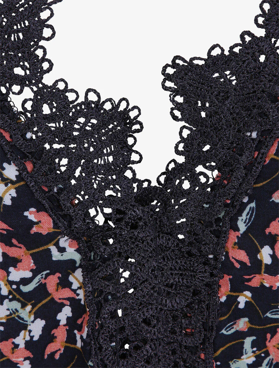 Robe longue à fleurs graphiques et à fines broderies - Marine - Image 3