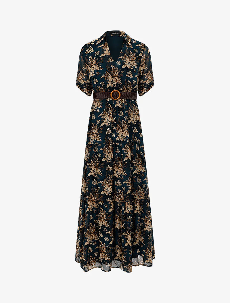 Robe longue à imprimé feuillages - pétrole - bleu pétrole