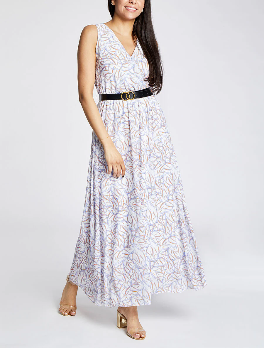 Robe longue à imprimé feuillages - Blanc - Image 4