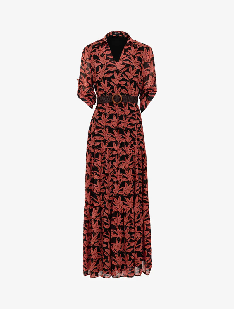 Robe longue à imprimé feuilles - noir