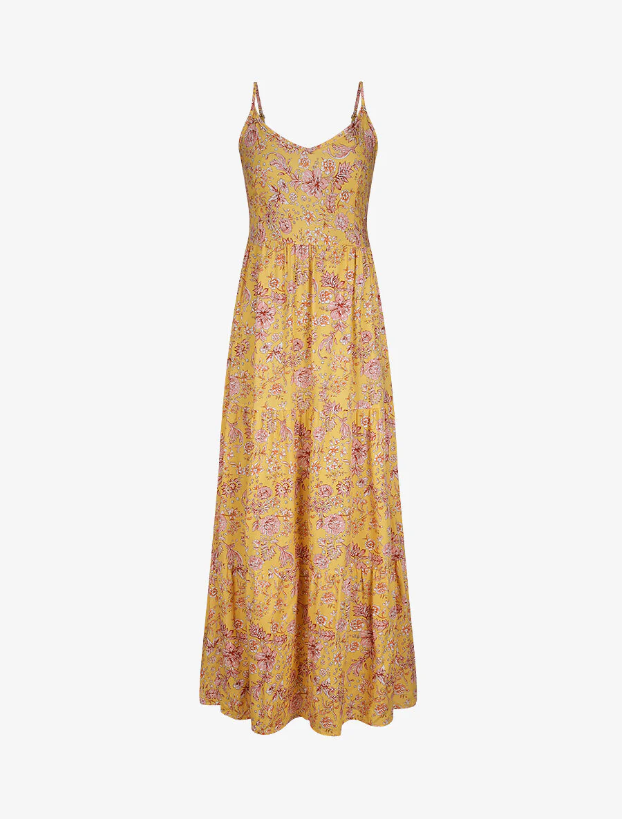 Robe longue à imprimé fleuri - Moutarde