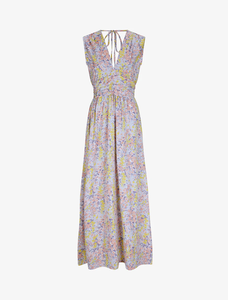 Robe longue à imprimé fleurs printanières - Bleu ciel