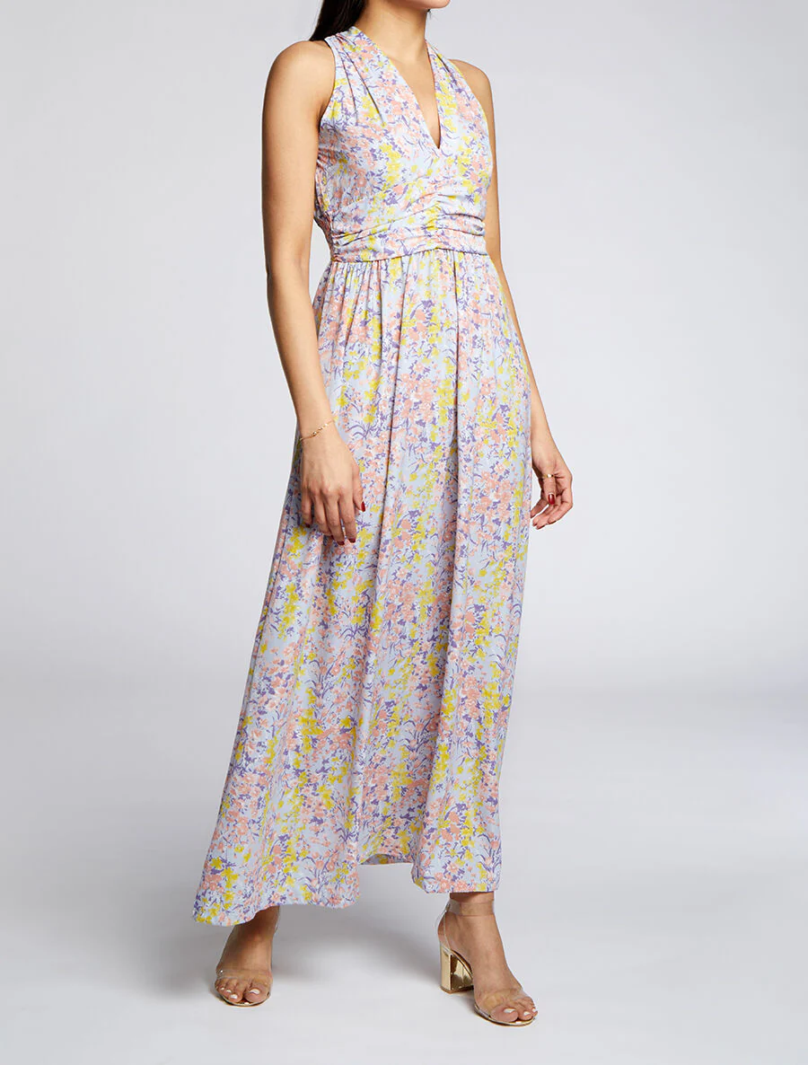 Robe longue à imprimé fleurs printanières - Bleu ciel - Image 4