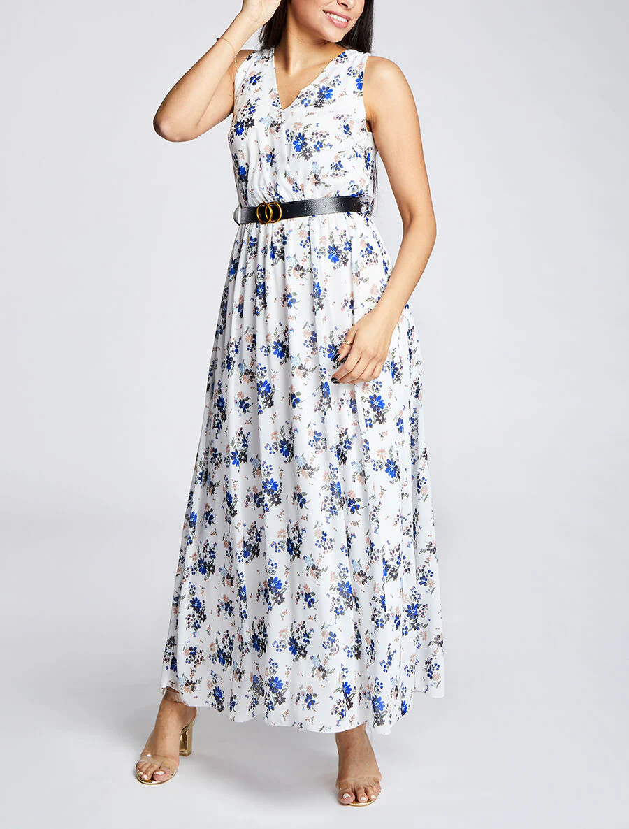 Robe longue à imprimé fleurs printanières - Blanc - Image 4