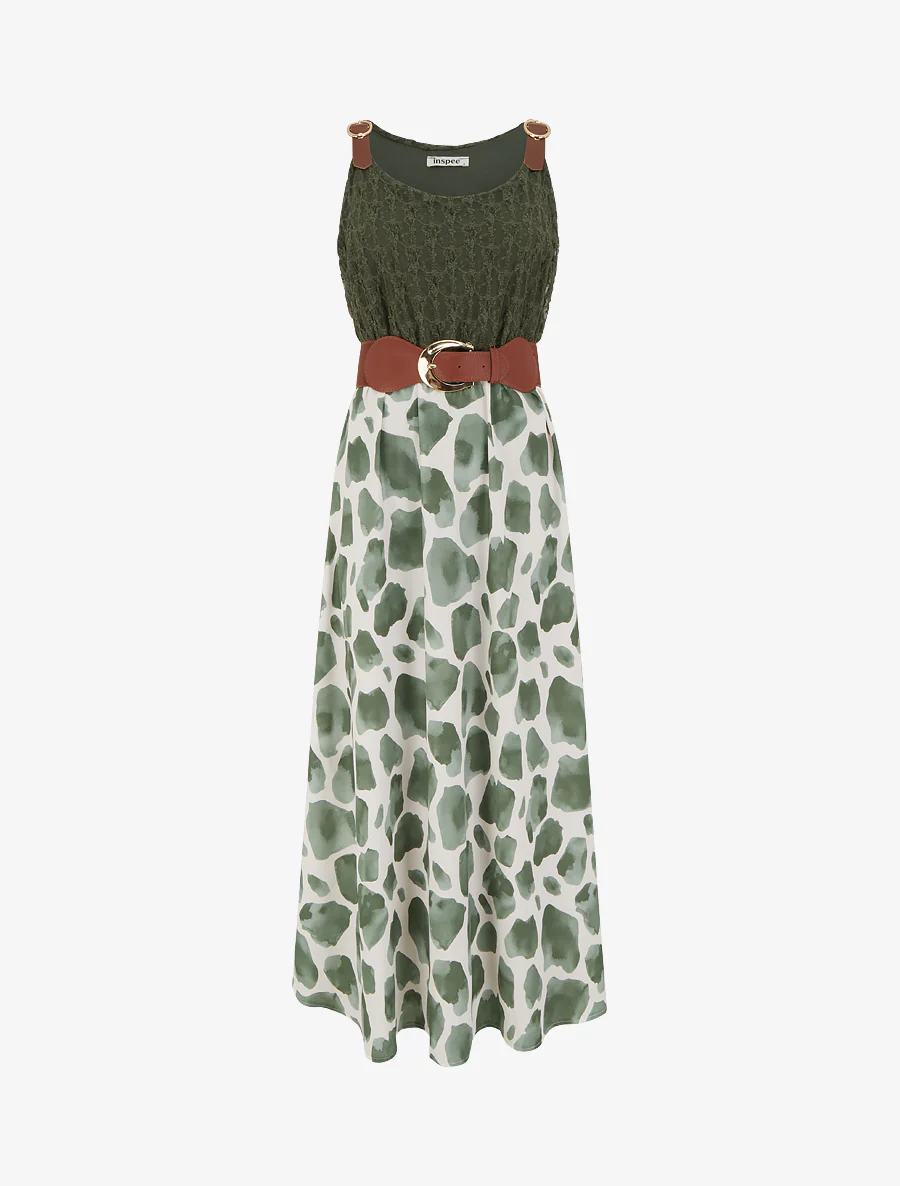 Robe longue à imprimé girafe et bretelles simili - Kaki