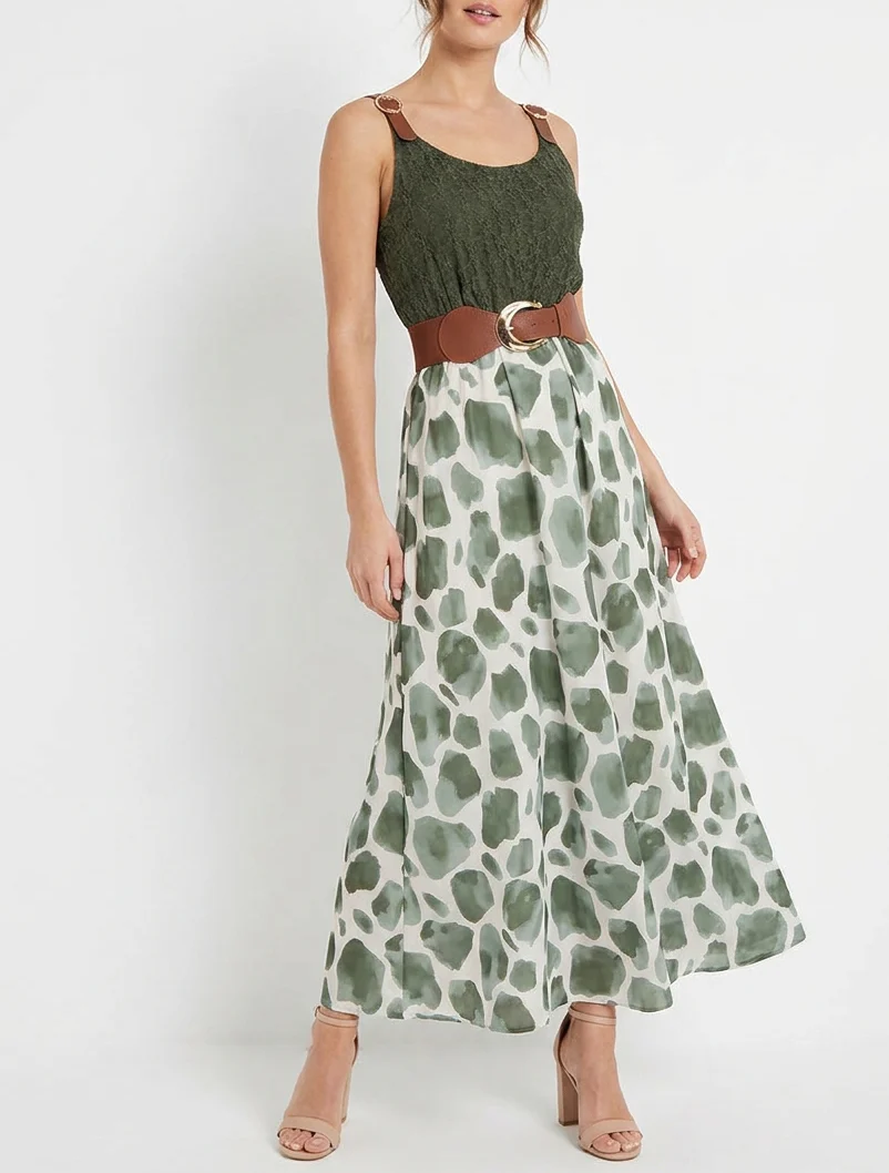 Robe longue à imprimé girafe et bretelles simili - Kaki - Image 4