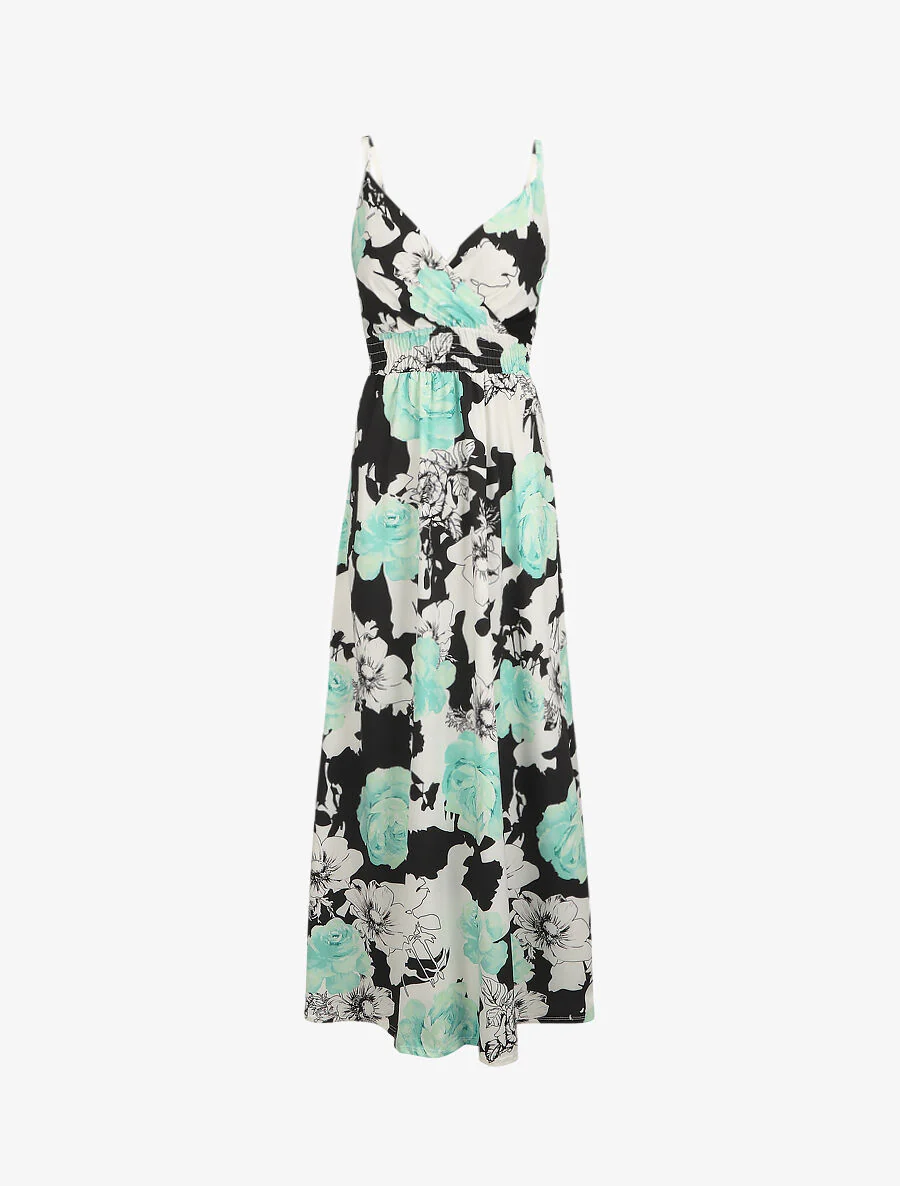 Robe longue à imprimé grandes roses - Vert d'eau