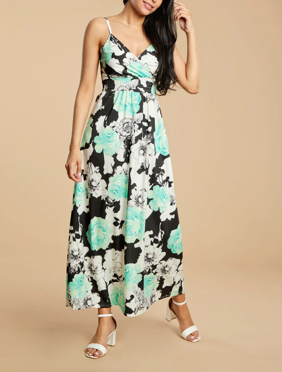Robe longue à imprimé grandes roses - Vert d'eau - Image 4