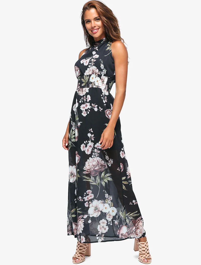 Robe longue à imprimé grosses fleurs - noir