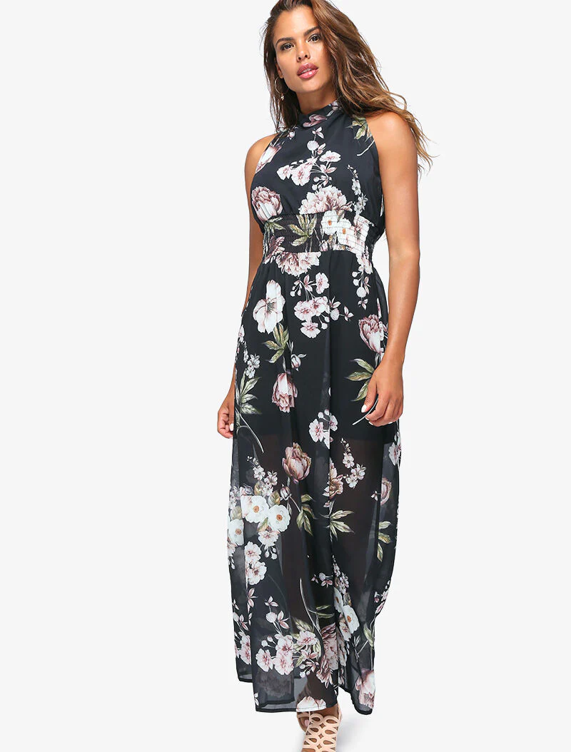 Robe longue à imprimé grosses fleurs - noir - Image 3