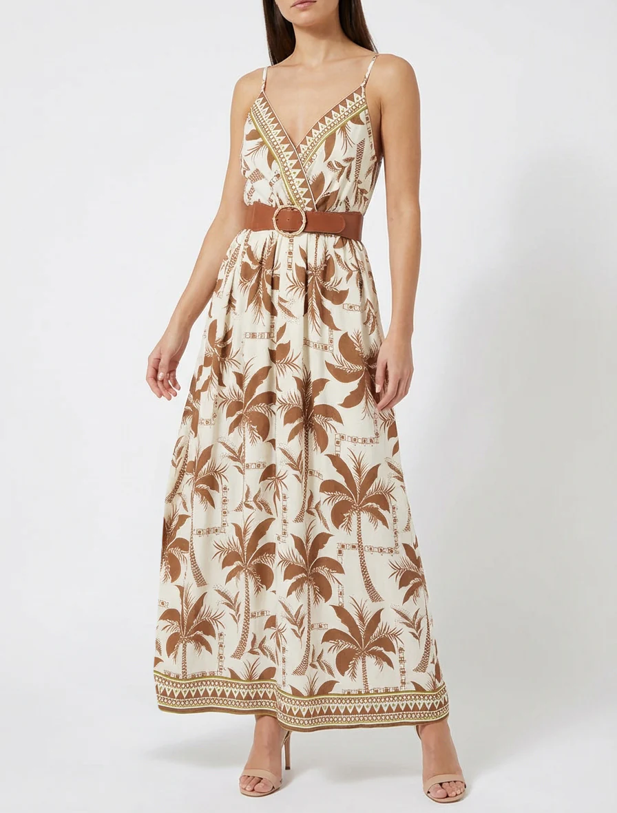 Robe longue à imprimé palmiers - Marron - Image 4