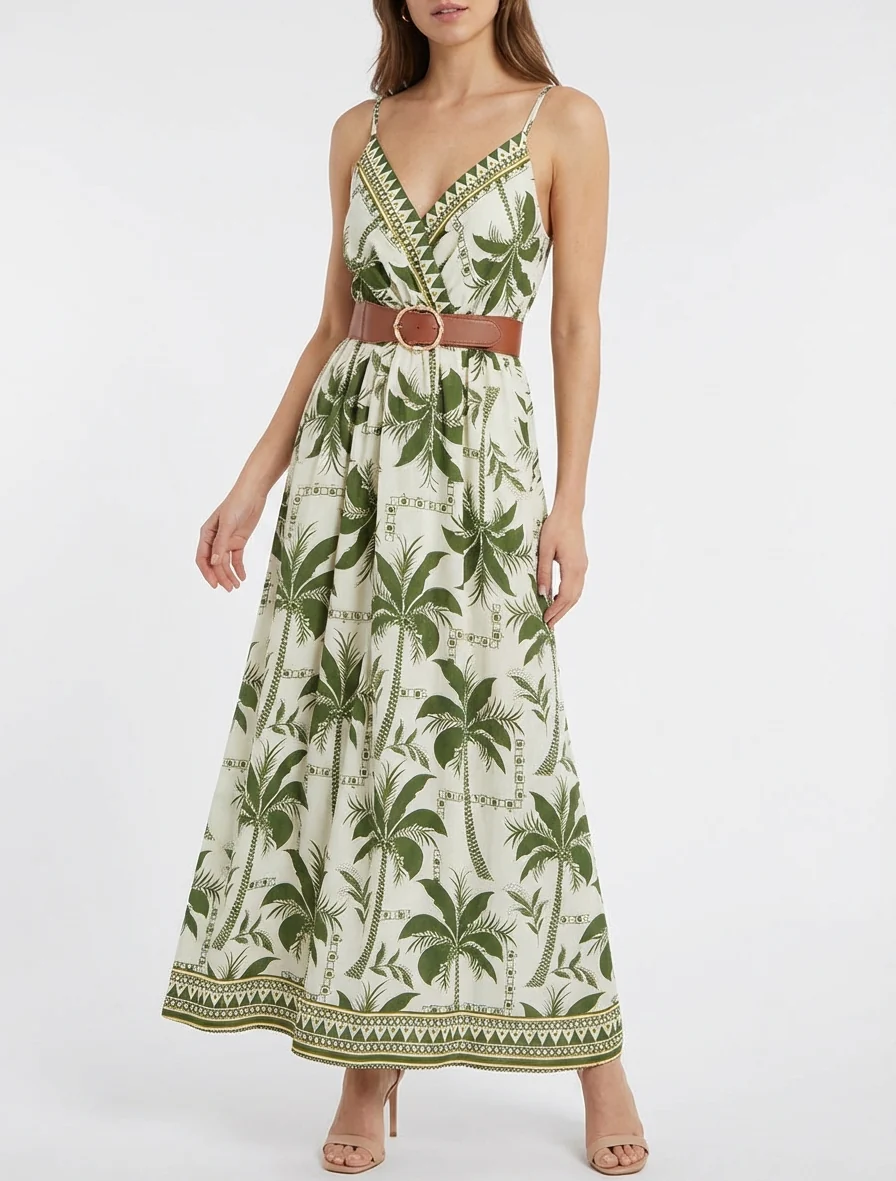 Robe longue à imprimé palmiers - Kaki - Image 4