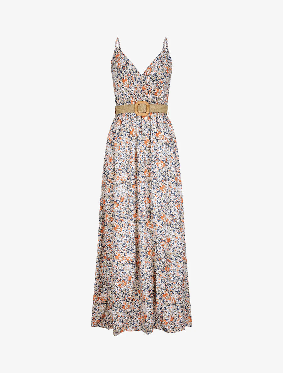Robe longue à imprimé paquerettes - Beige/marine