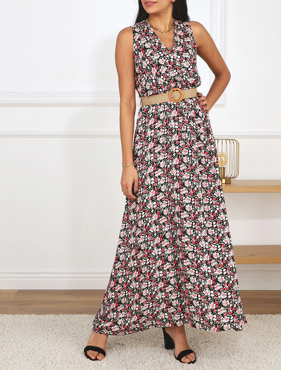 Robe longue à imprimé petites fleurs - Noir - Image 4