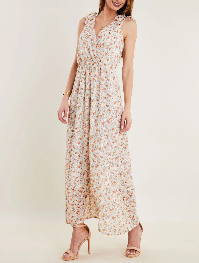 Robe longue à imprimé pivoines - ecru