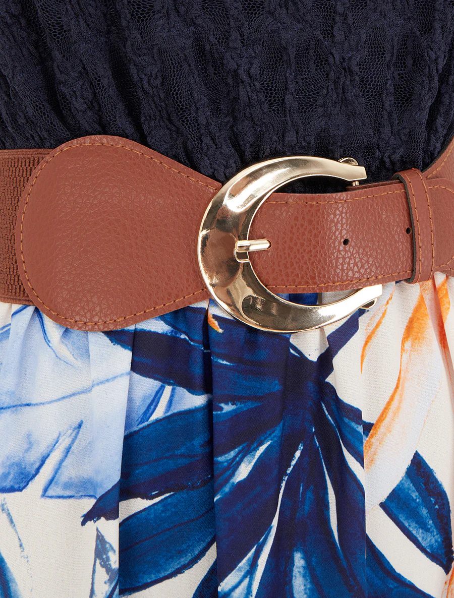 Robe longue à imprimé tropical et bretelles simili - Marine - Image 3
