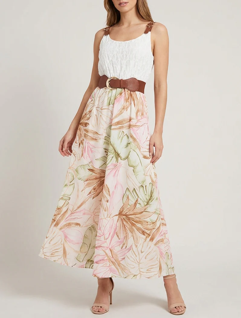 Robe longue à imprimé tropical et bretelles simili - Beige - Image 4