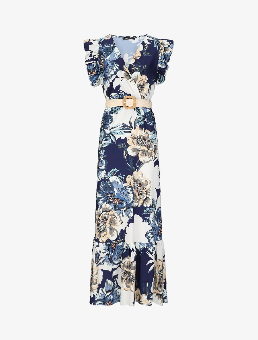 Robe longue à imprimé tropical et manches volantées - Marine