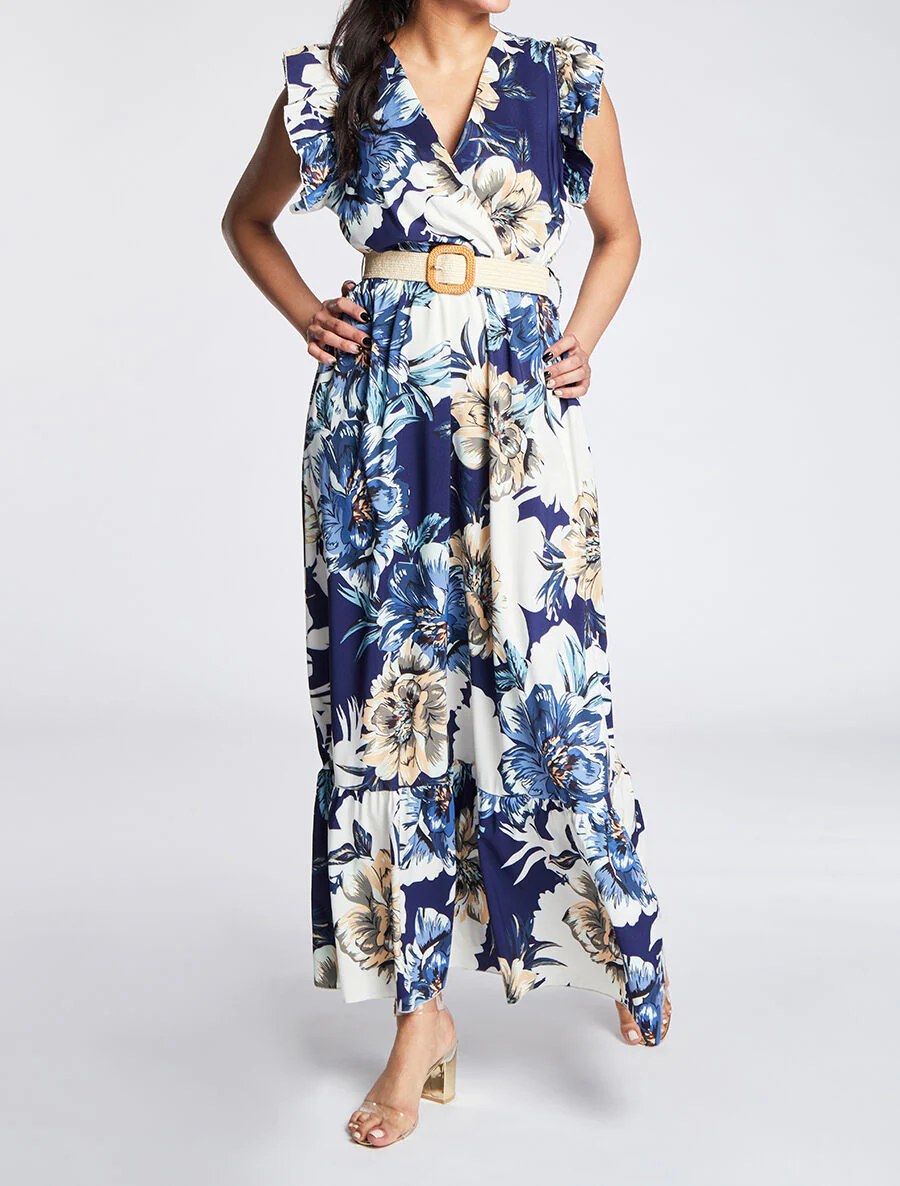Robe longue à imprimé tropical et manches volantées - Marine - Image 4