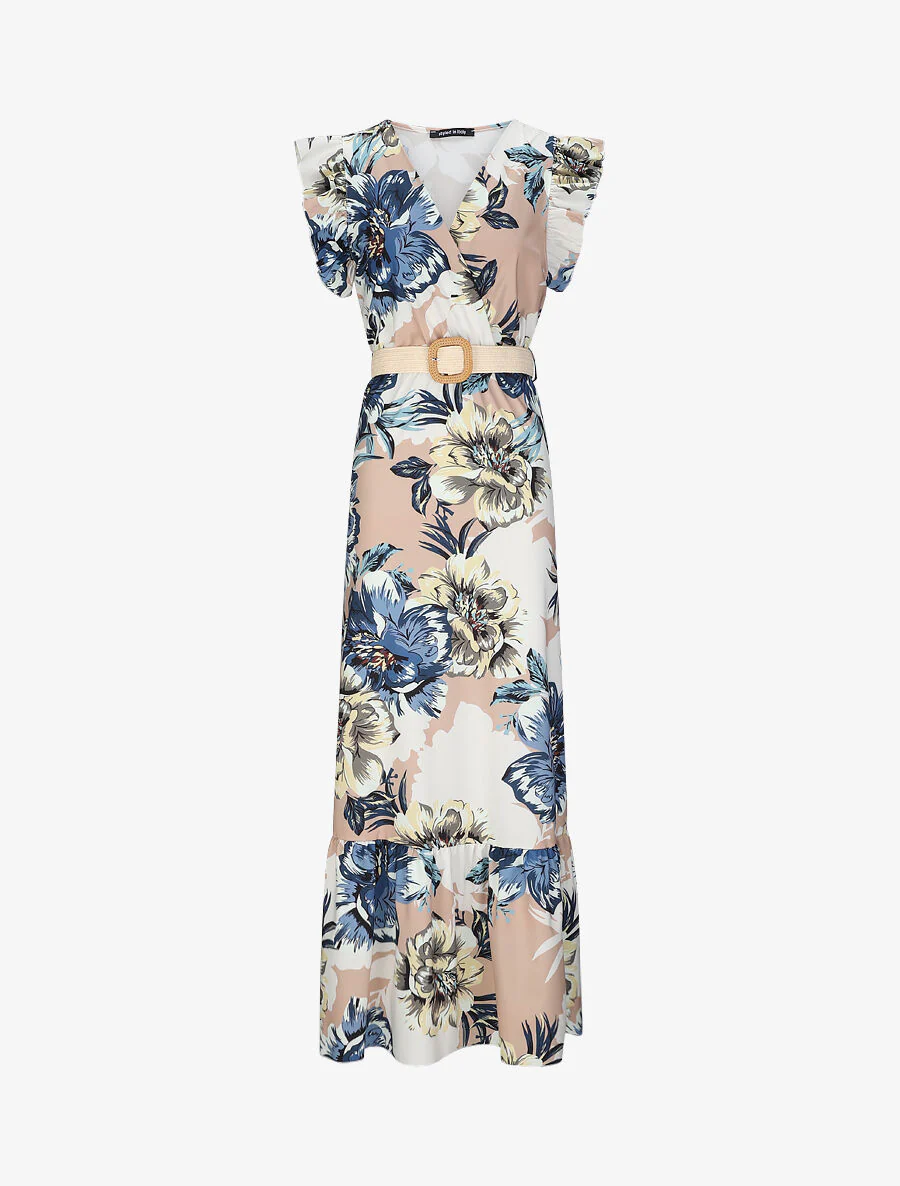 Robe longue à imprimé tropical et manches volantées - Camel