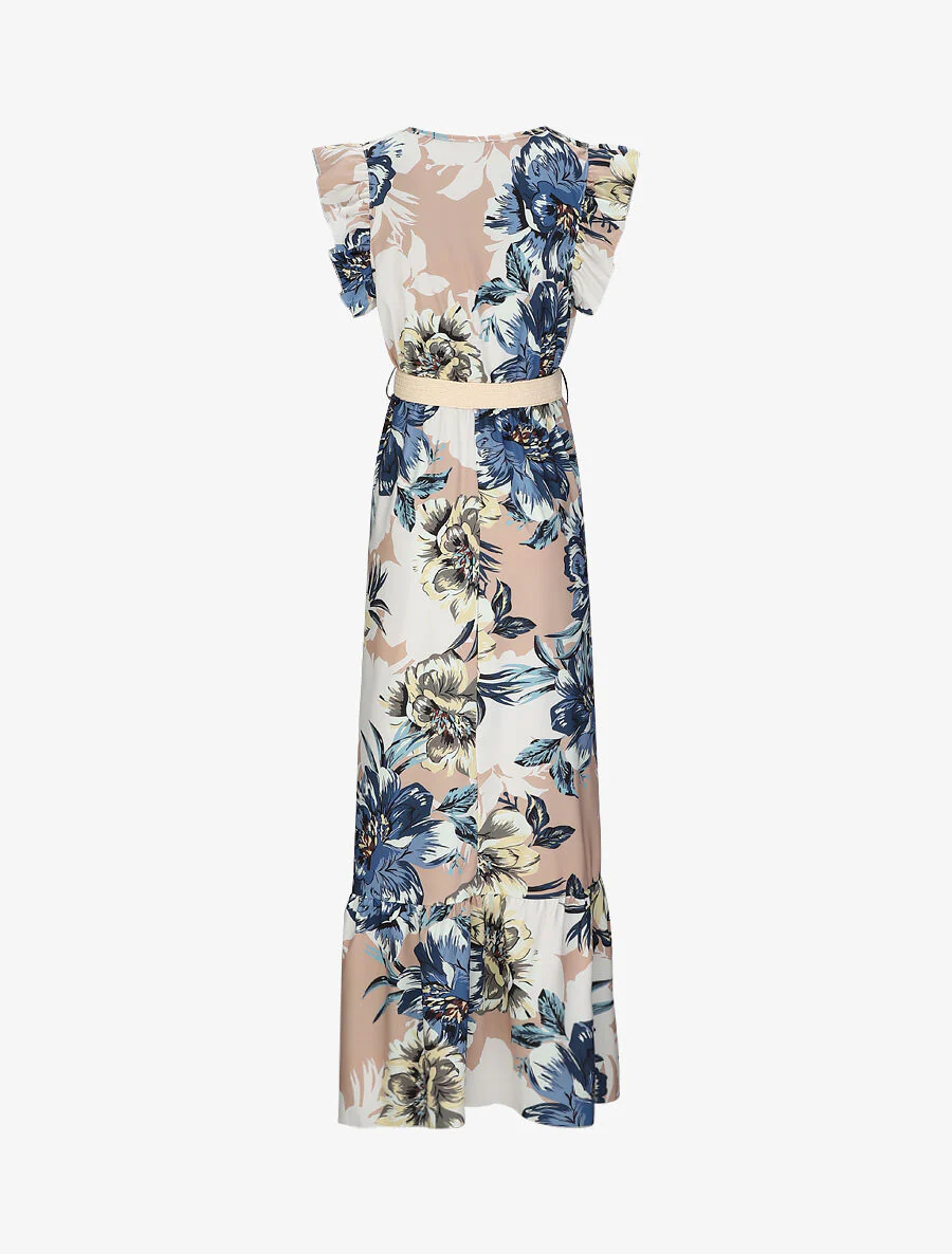 Robe longue à imprimé tropical et manches volantées - Camel - Image 2