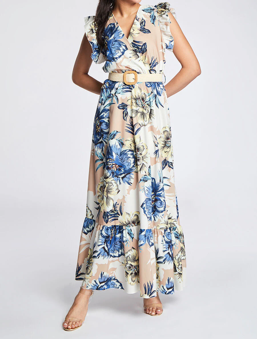 Robe longue à imprimé tropical et manches volantées - Camel - Image 4