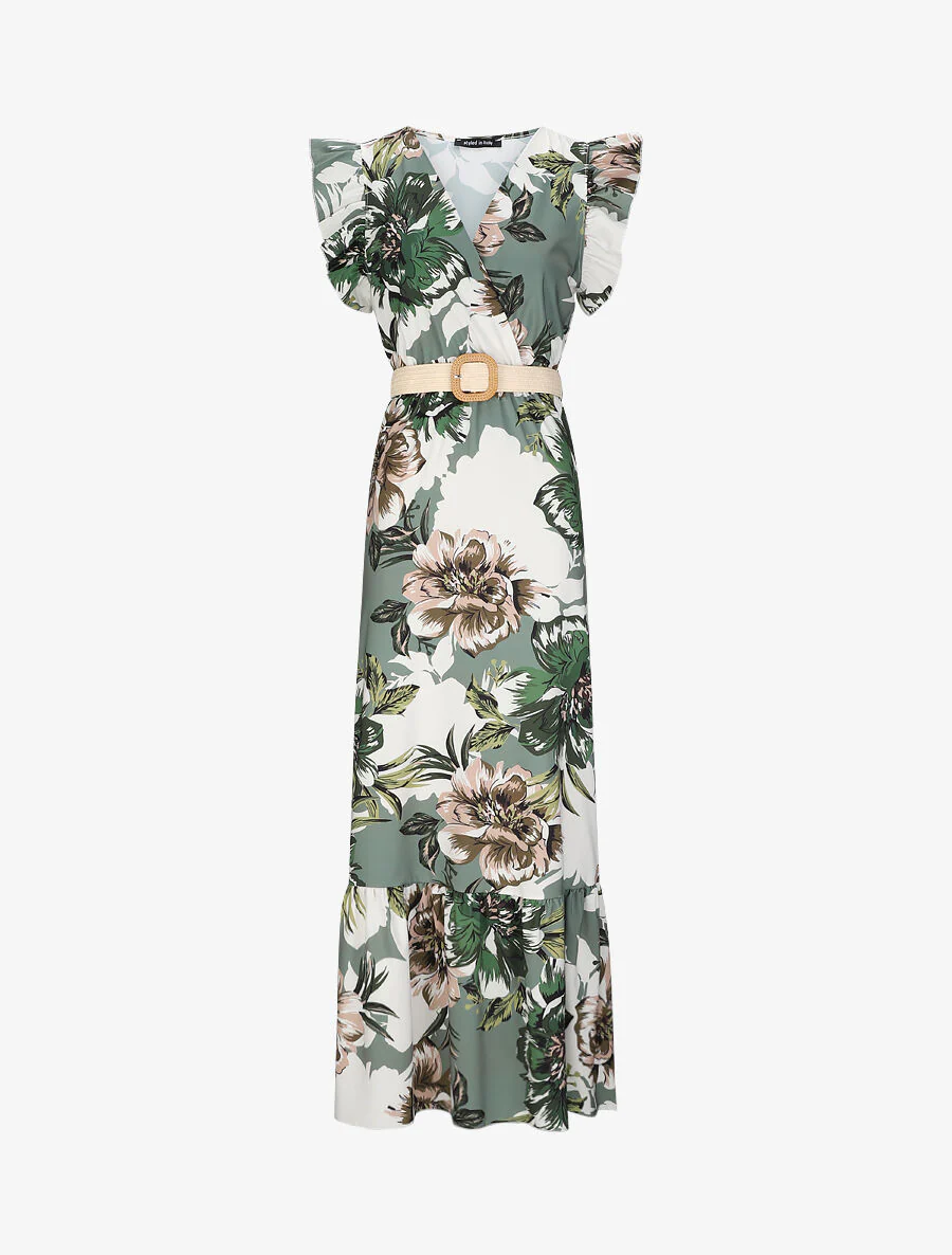Robe longue à imprimé tropical et manches volantées - Kaki