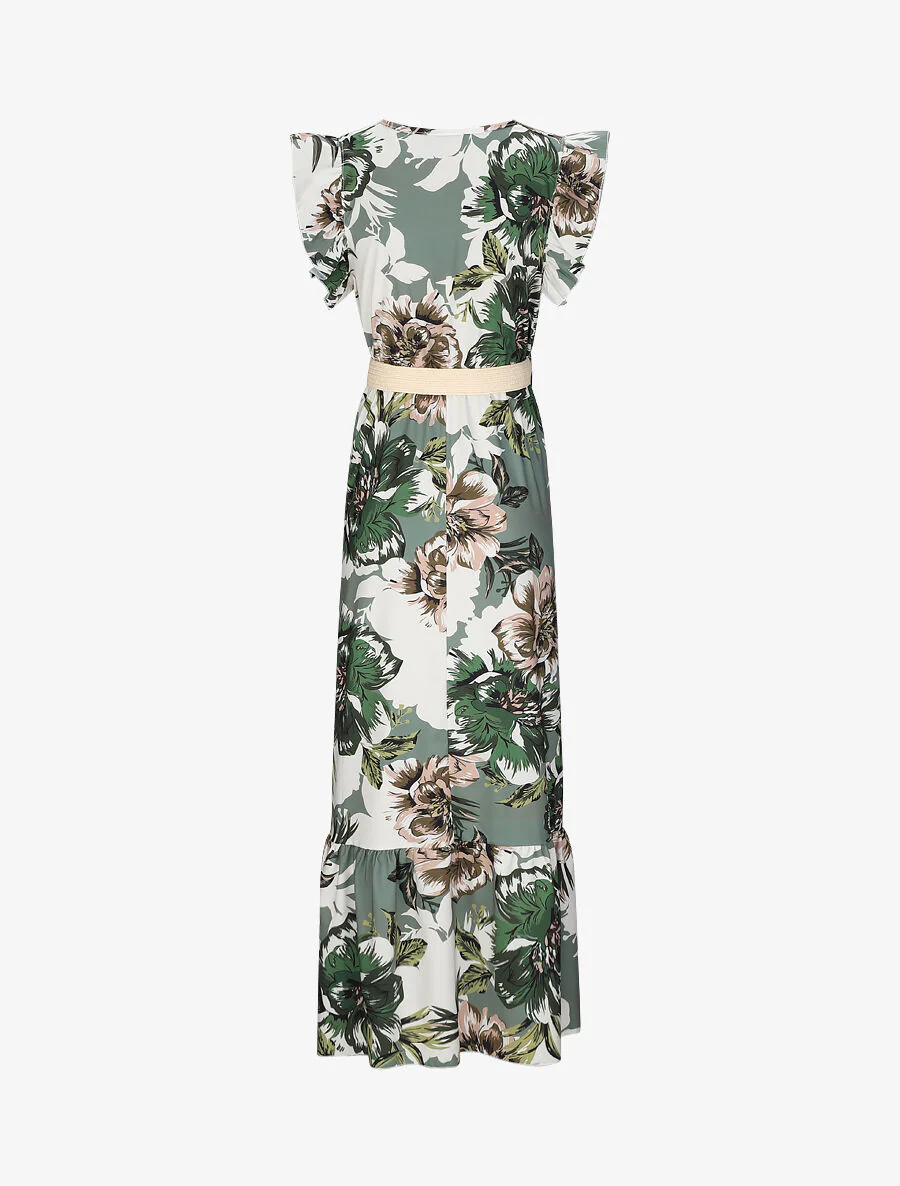 Robe longue à imprimé tropical et manches volantées - Kaki - Image 2