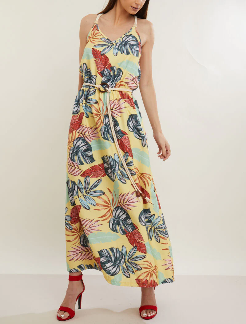 Robe longue à imprimé tropical - jaune