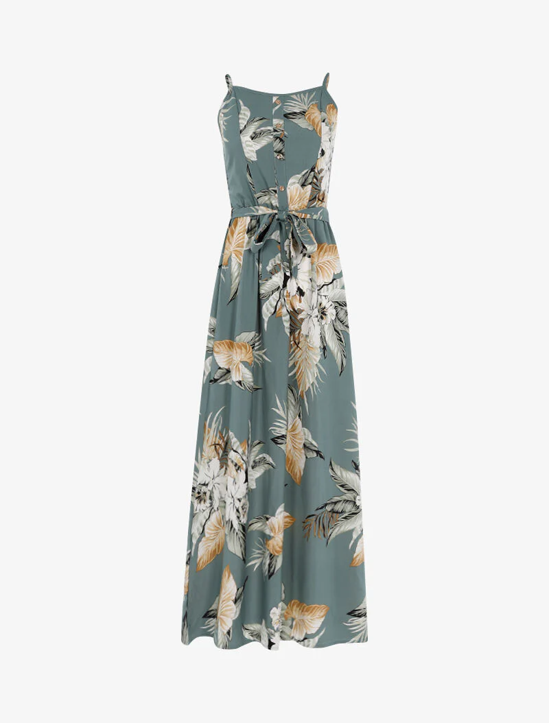 Robe longue à imprimé tropical - bleu gris