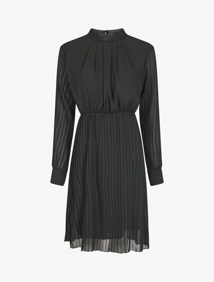 Robe longue à jupe et manches plissées - Noir