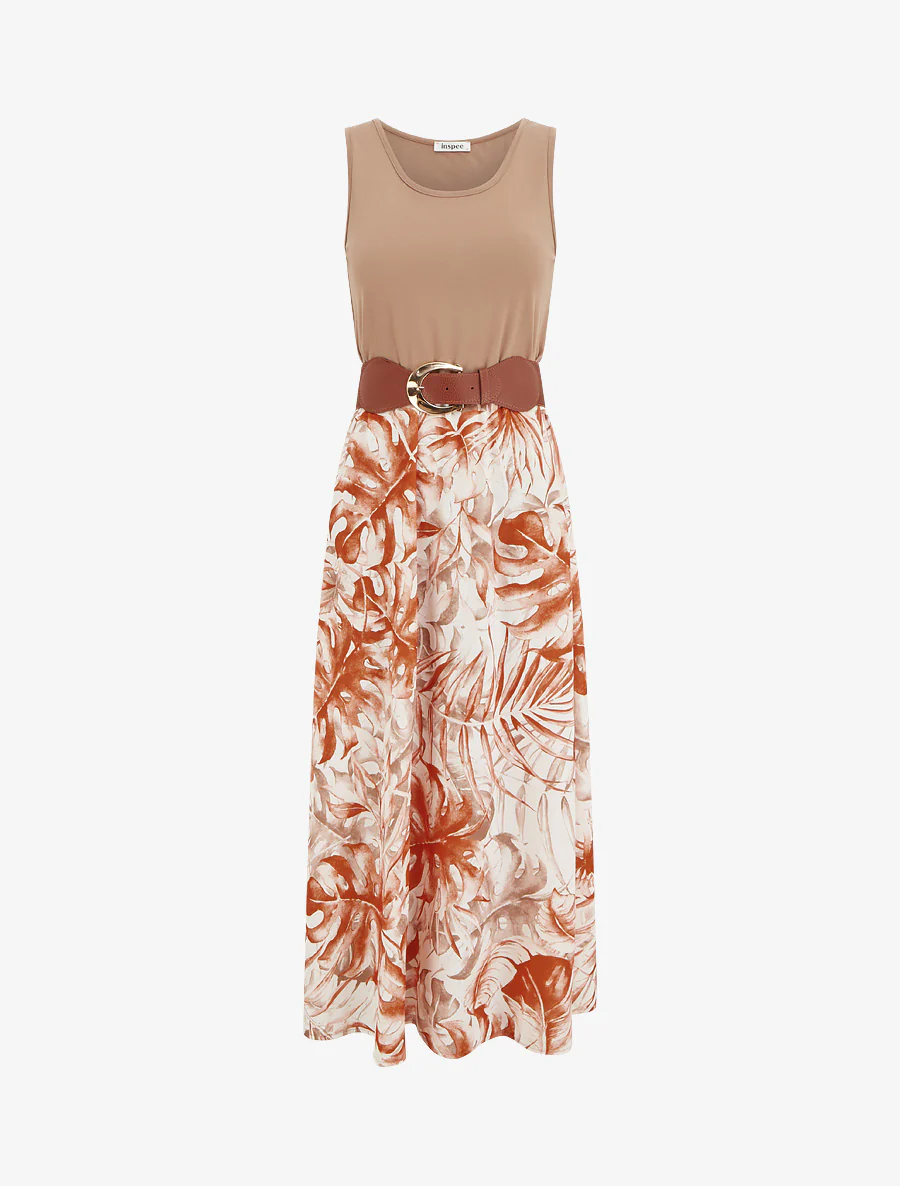 Robe longue à jupe imprimé feuillage - Camel