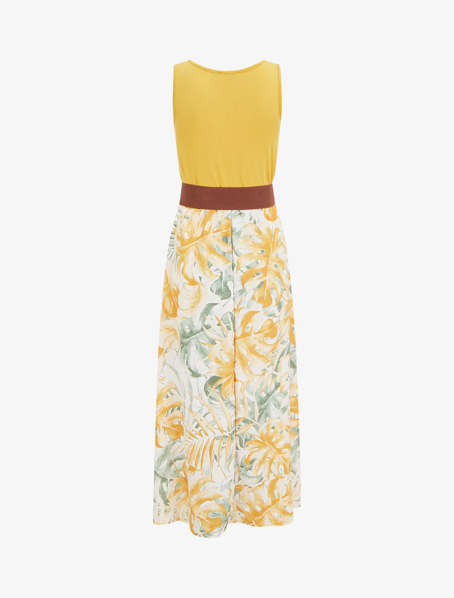 Robe longue à jupe imprimé feuillage - Jaune moutarde - Image 2