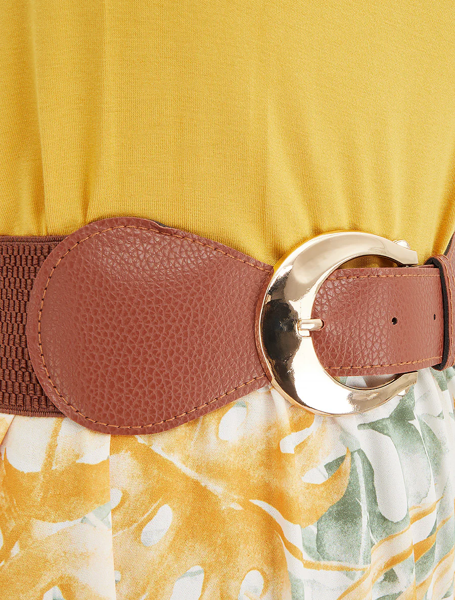 Robe longue à jupe imprimé feuillage - Jaune moutarde - Image 3
