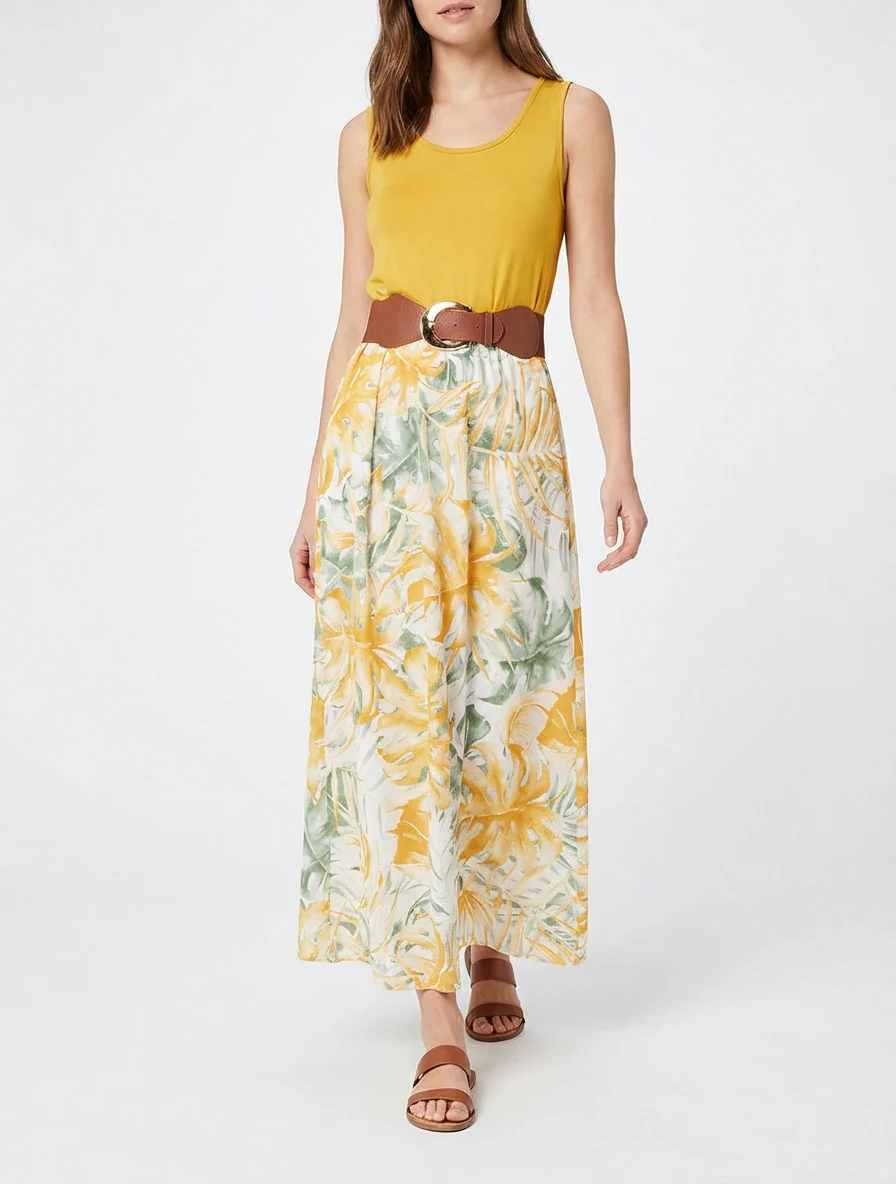 Robe longue à jupe imprimé feuillage - Jaune moutarde - Image 4