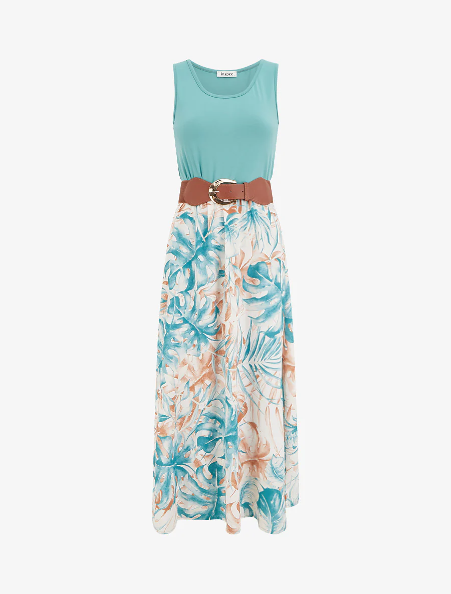 Robe longue à jupe imprimé feuillage - Turquoise