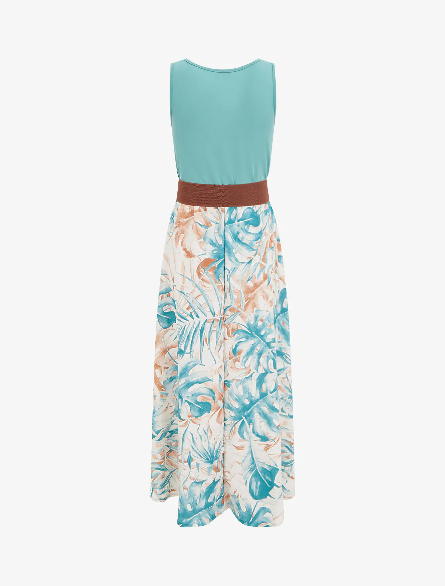 Robe longue à jupe imprimé feuillage - Turquoise - Image 2