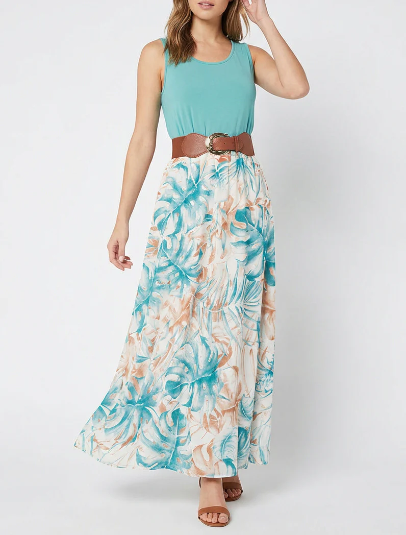 Robe longue à jupe imprimé feuillage - Turquoise - Image 4