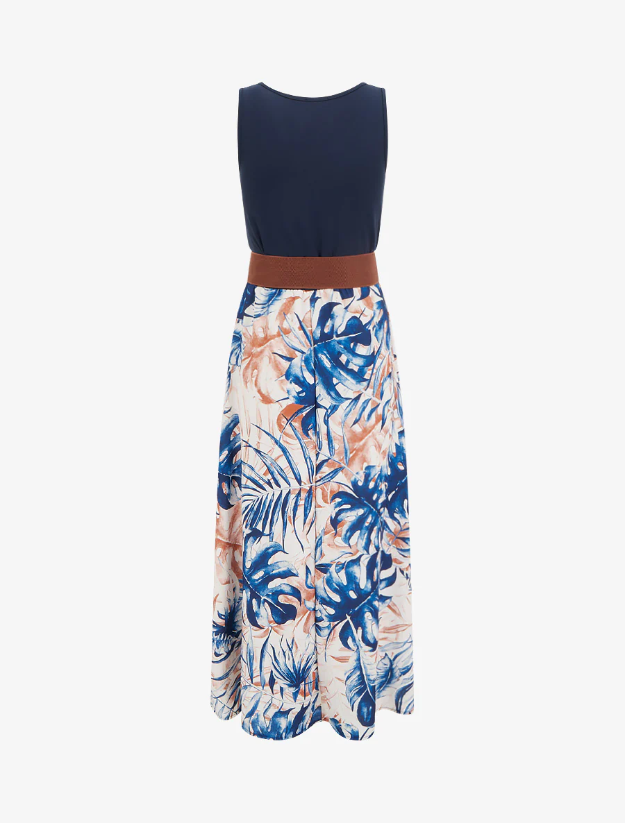 Robe longue à jupe imprimé feuillage - Marine - Image 2