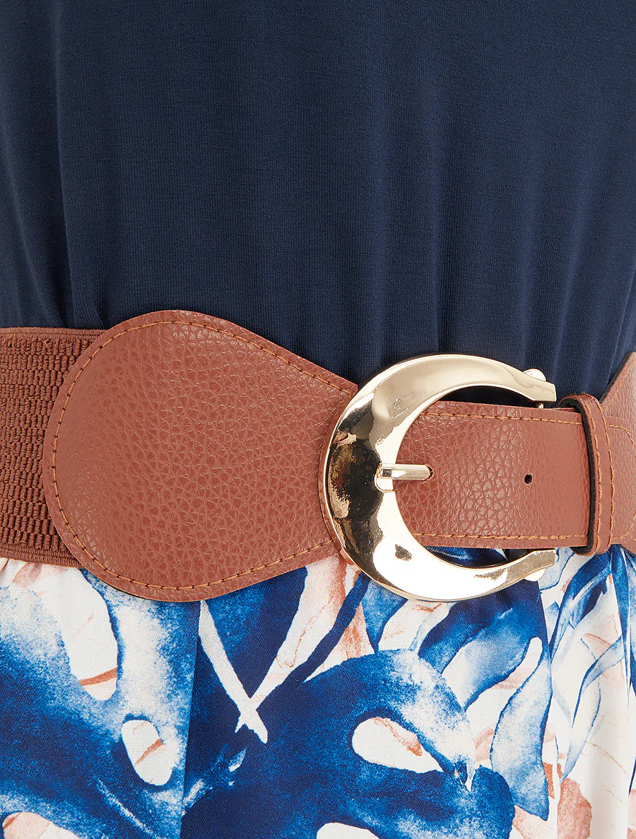Robe longue à jupe imprimé feuillage - Marine - Image 3