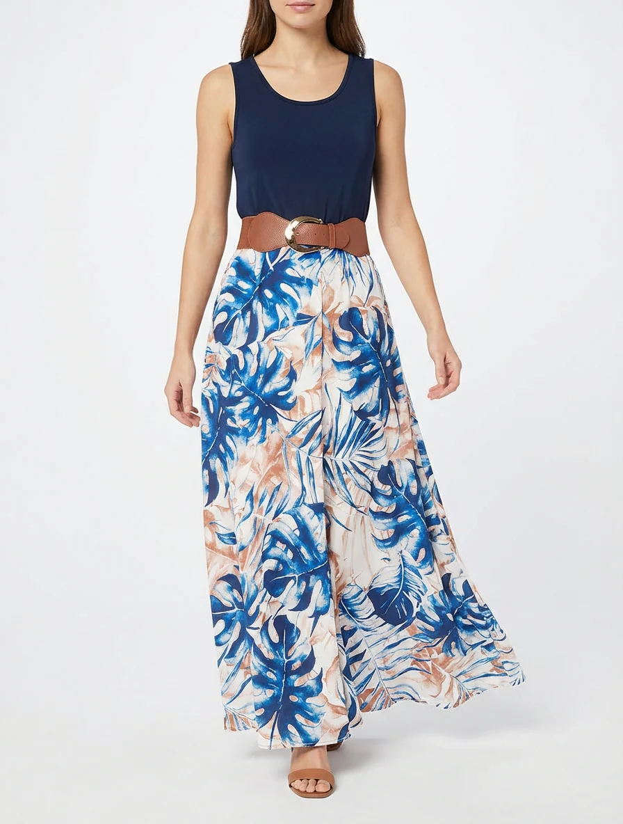 Robe longue à jupe imprimé feuillage - Marine - Image 4