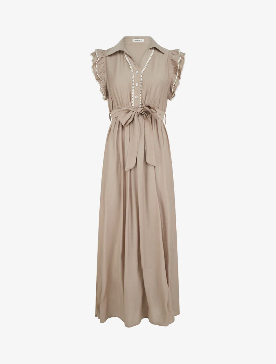 Robe longue à mancherons volantés en crochet - Taupe
