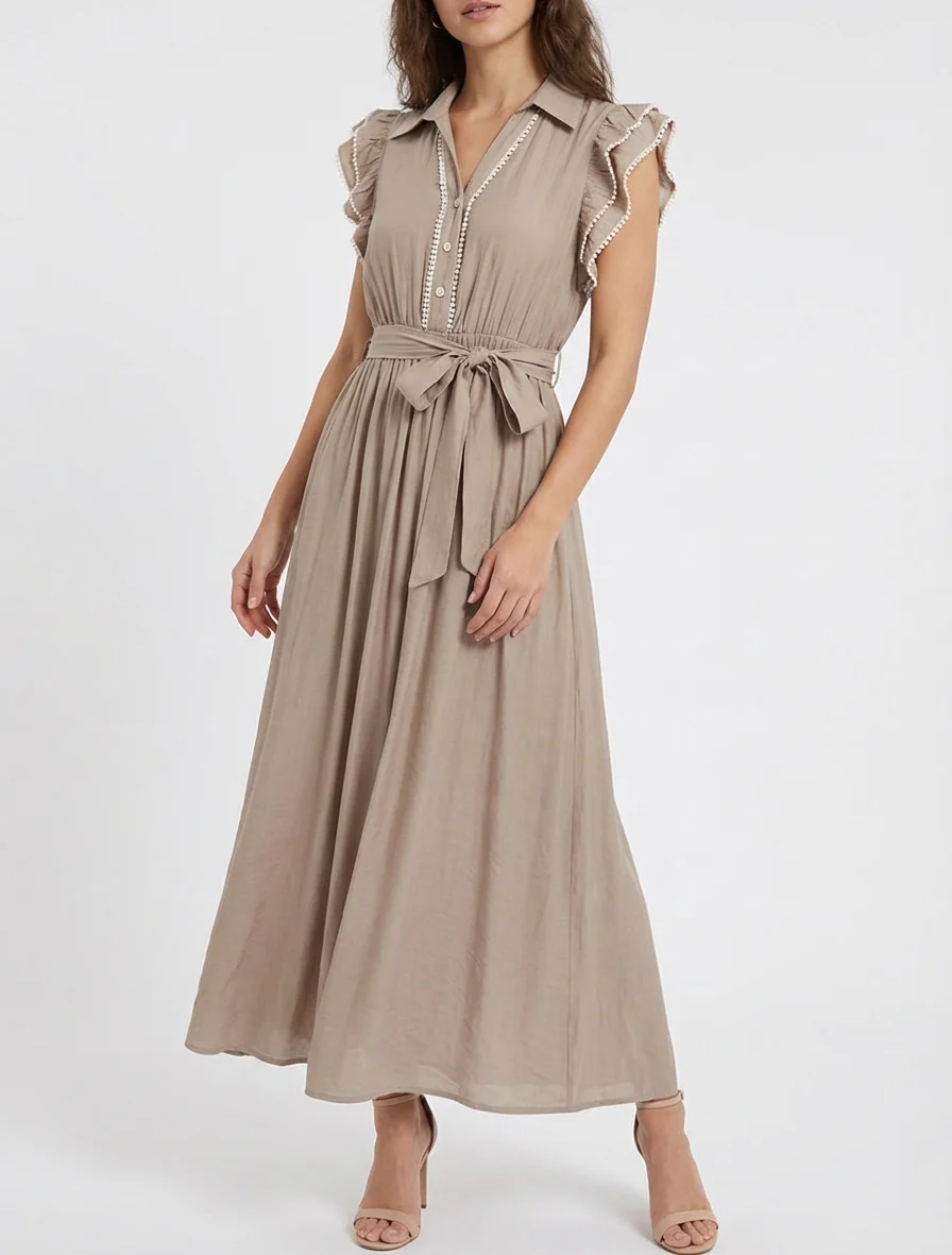 Robe longue à mancherons volantés en crochet - Taupe - Image 4