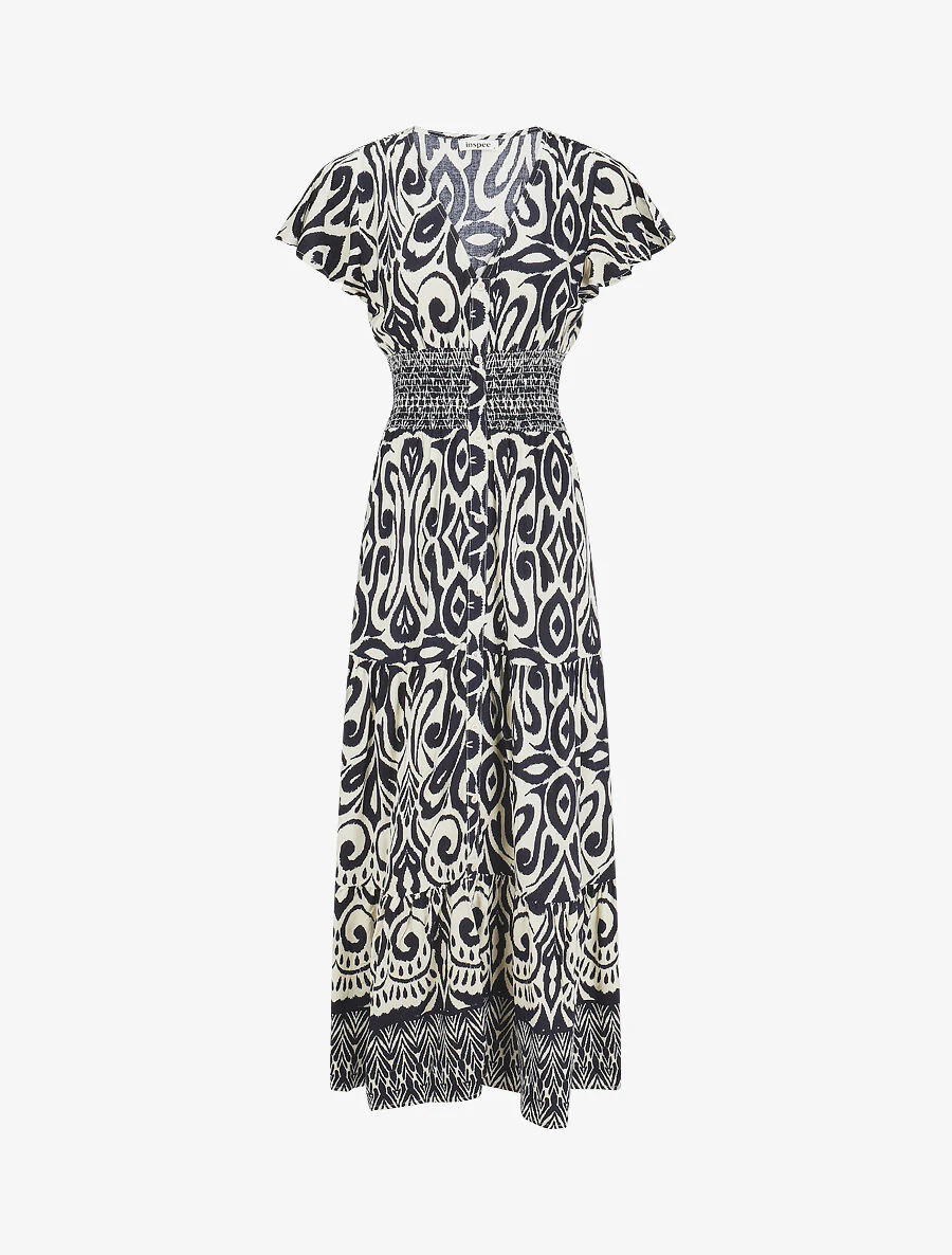 Robe longue à manches courtes imprimé graphique - Marine