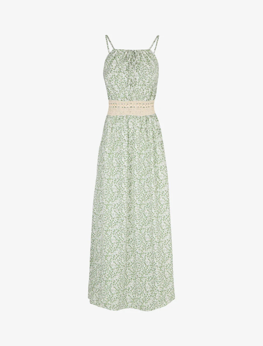 Robe longue à motifs fleuris et taille brodée - Vert d'eau