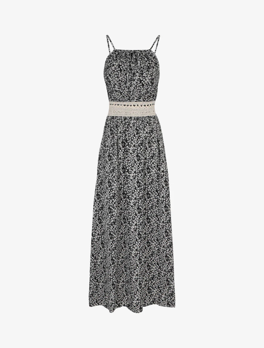 Robe longue à motifs fleuris et taille brodée - Noir