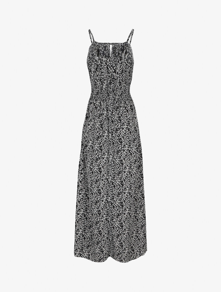 Robe longue à motifs fleuris et taille brodée - Noir - Image 2