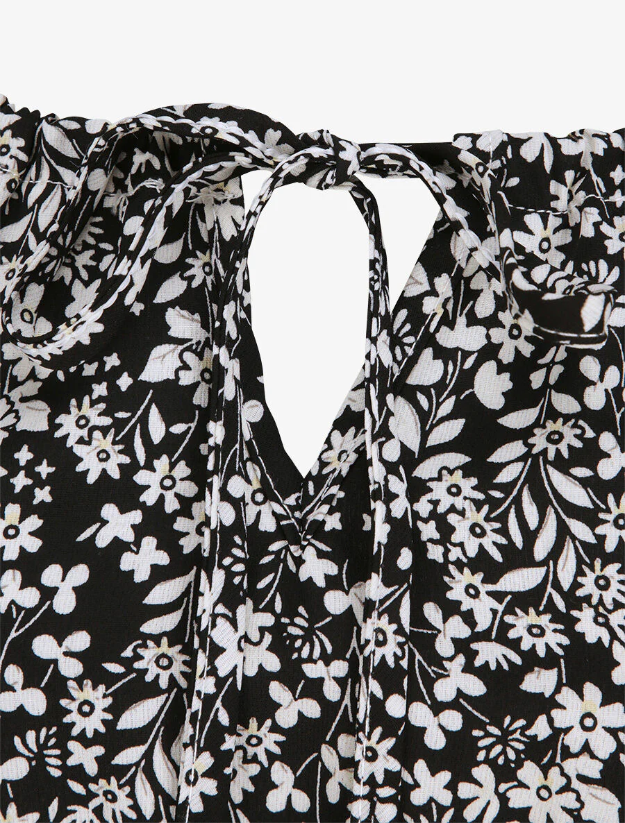 Robe longue à motifs fleuris et taille brodée - Noir - Image 3