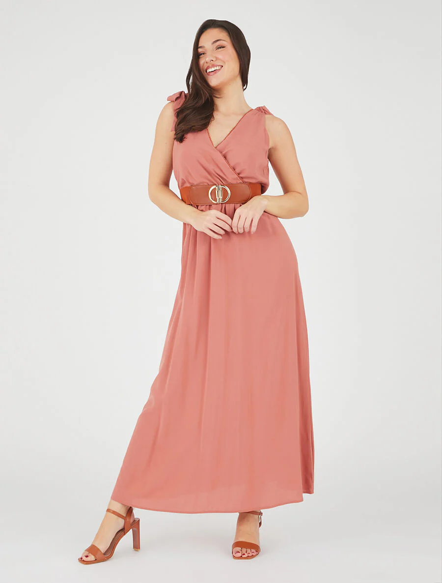 Robe longue à nœuds sur les épaules - Vieux rose - Image 4