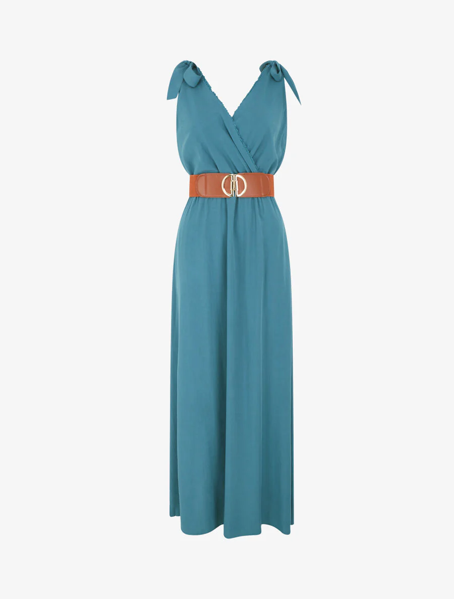 Robe longue à nœuds sur les épaules - Bleu canard